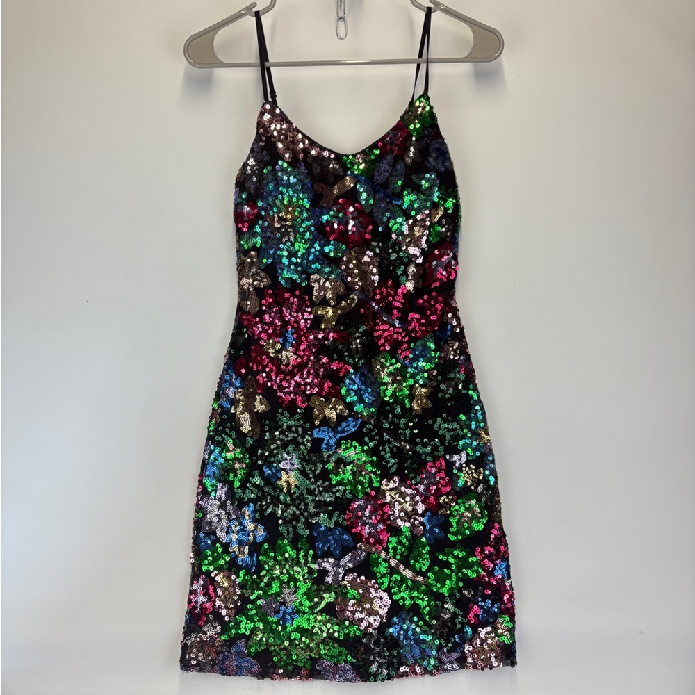 MIDNIGHT DOLL Sequin Mini Homecoming Party Dress Multicolor Rainbow Size Small